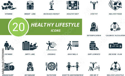 Healthy lifestyle icons set. Creative icons: vitamins, weight loss, increase energy, healthy diet, stay fit, healthy food and more