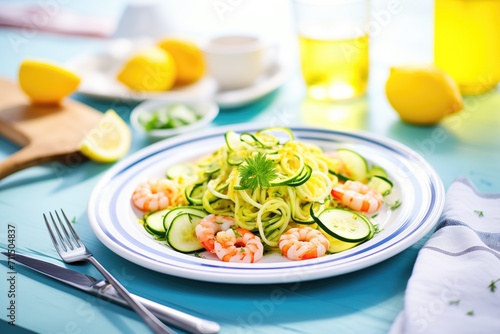 zoodles and shrimps on a plate with lemon slices