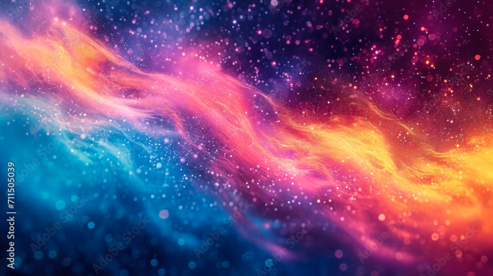 Fototapeta premium Abstract ethereal wave of colors with sparkling particles, a vibrant fantasy of pink, blue, and orange hues, resembling a dreamy nebula or a magical underwater scene