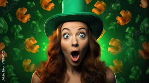 St Patrick's Day beautiful surprised girl on green background