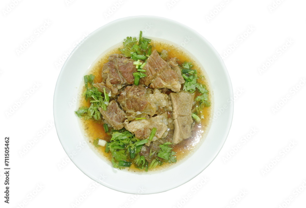 braised beef meat stew topping slice parsley and spring onion on plate dipping chili sauce braised beef meat stew topping slice parsley and spring onion on plate dipping chili sauce
