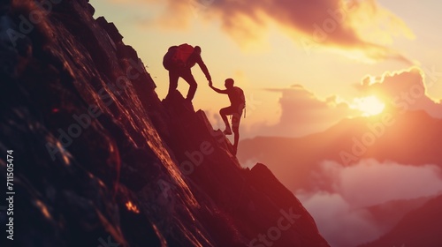 Friends showing the concept of teamwork, helping each other climb a steep mountain. Generative AI photo