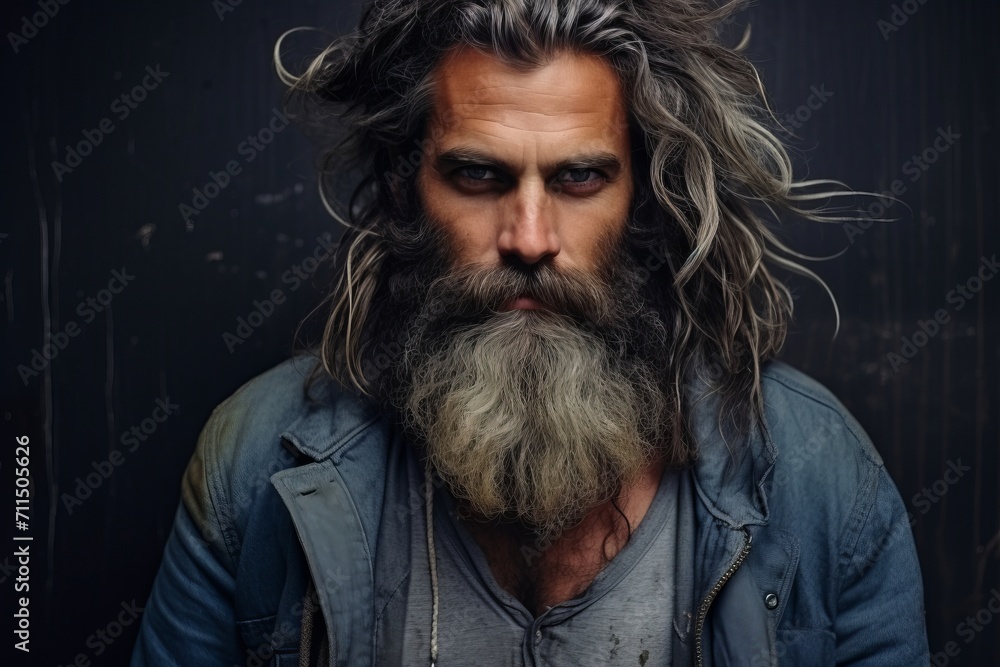 close-up portrait of a handsome man with long beard and mustache in denim shirt studio on dark background close-up portrait of a handsome man with long beard and mustache in denim shirt studio on dark background