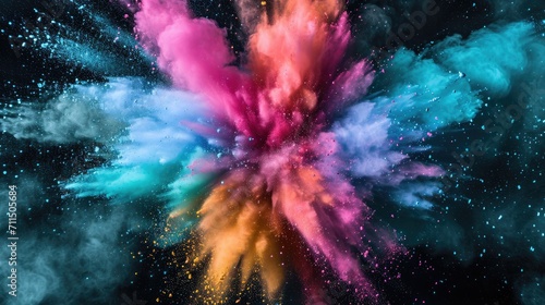 Colorful powder explode on black background happy holi day background	
