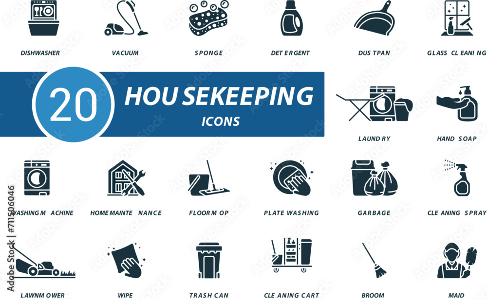 Housekeeping icons set. Creative icons: dishwasher, vacuum, sponge, detergent, dustpan, glass cleaning, laundry, hand soap and more Housekeeping icons set. Creative icons: dishwasher, vacuum, sponge, detergent, dustpan, glass cleaning, laundry, hand soap and more