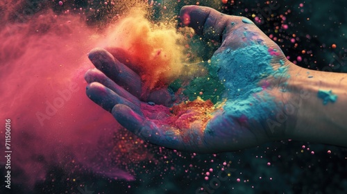 colorful powder on palm hand on happy holi day  photo