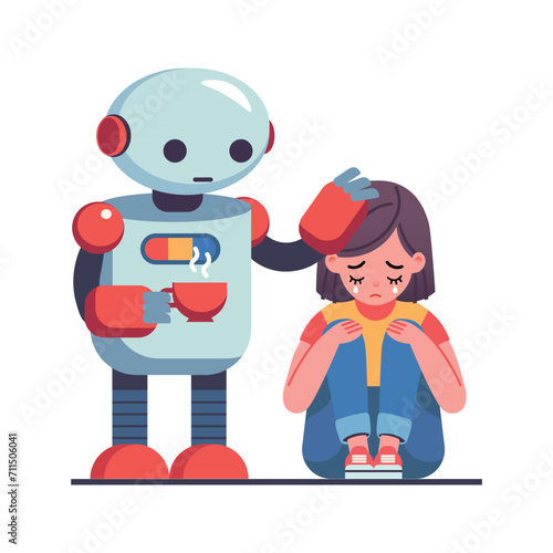 The robot tries to sooth and comfort the crying girl and gives her a cup of tea. Cartoon flat vector illustration.