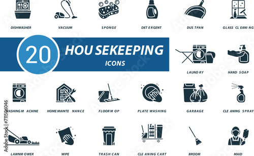 Housekeeping icons set. Creative icons: dishwasher, vacuum, sponge, detergent, dustpan, glass cleaning, laundry, hand soap and more