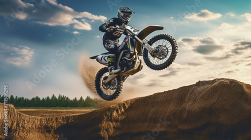 Dirt Trail Daredevil: Off-Road Moto Jump in Wide-Format Thrill