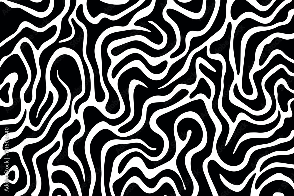Wavy and swirled brush strokes background. Bold curved lines and squiggles ornament. Horizontal banner with doodle bold lines. Black and white wallpaper. Vector illustration