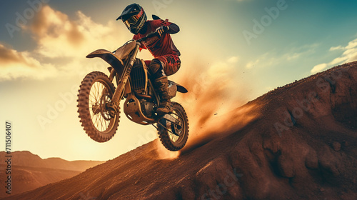 Airborne Adrenaline: Motorcycle Stunt Soaring Across Canyon Skies © Maximilien