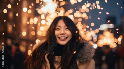 Asian woman celebrating new year eve on a blurred holiday background