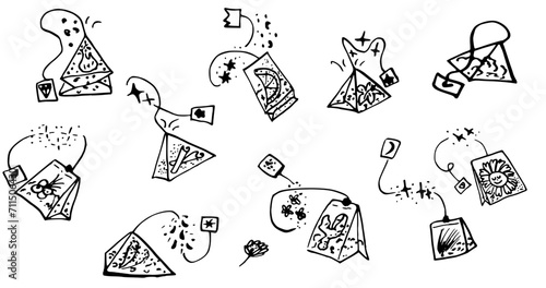 Tea hand drawn ink vector set tea bags chamomile, ginger, citrus peel, hibiscus, cinnamon, fennel.