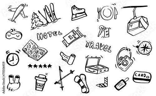 Bundle vector hand drawn travel doodle set, winter vacations 
