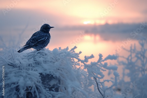 AI generated illustration of a blackbird perched on snowy shrubs photo
