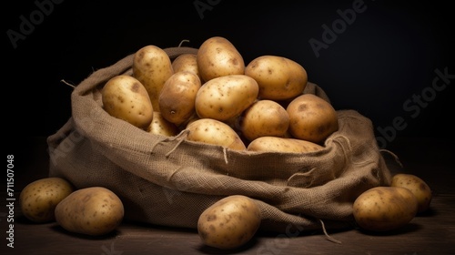 Sack of potatoes on a dark background. Fresh potatoes in an old sack