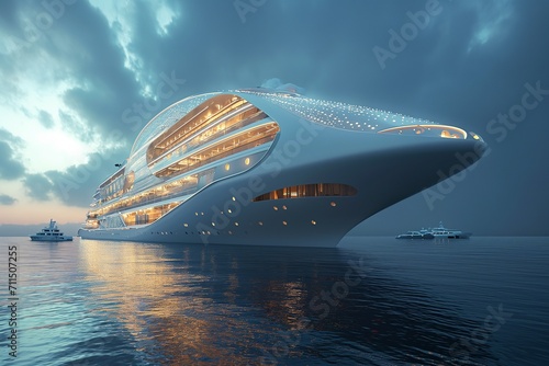 AI generated illustration of a massive cruise ship stands out amongst a fleet of boats