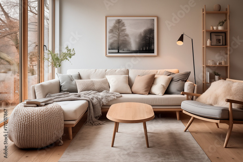 Corner sofa and armchair against the window. Scandinavian style home interior design of modern living room. Generative AI © Lucas