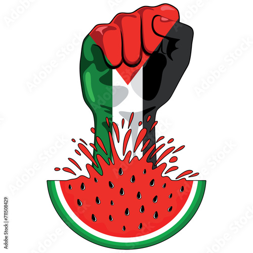 Palestine Flag on Revolution Fist Symbol of freedom coming out from a Watermelon Vector Illustration graphic art isolated on white (ID: 711508429)