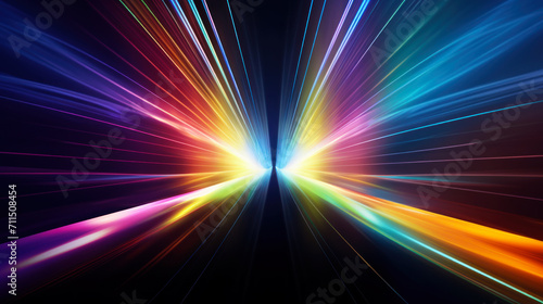 Abstract multicolored lines like explosion in dark space  perspective fast light trails in cyberspace. Digital energy motion on black background. Concept of neon  color  data  speed