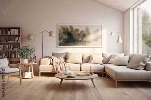 Modern home interior with wooden furniture  painting and plant. Contemporary Scandinavian wood design of cozy living room  minimalist style. Concept of nature  white walls