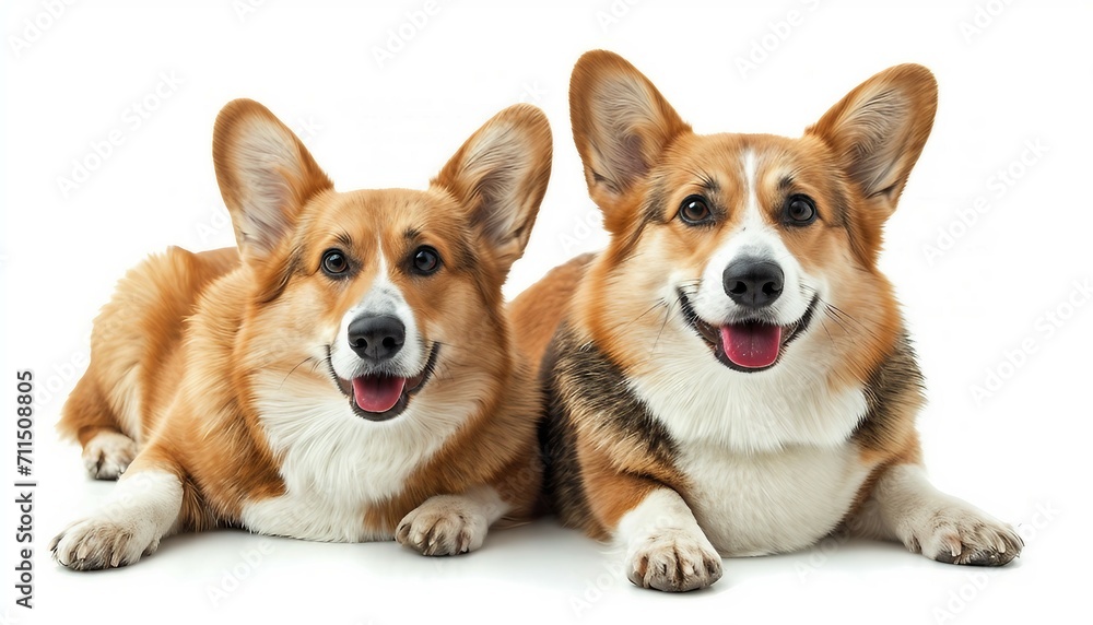 Feature a pair of charming Corgis in a delightful pose, showcasing the breed's distinctive appearance and playful nature against a white background, welsh corgi dog smiling on a white background.