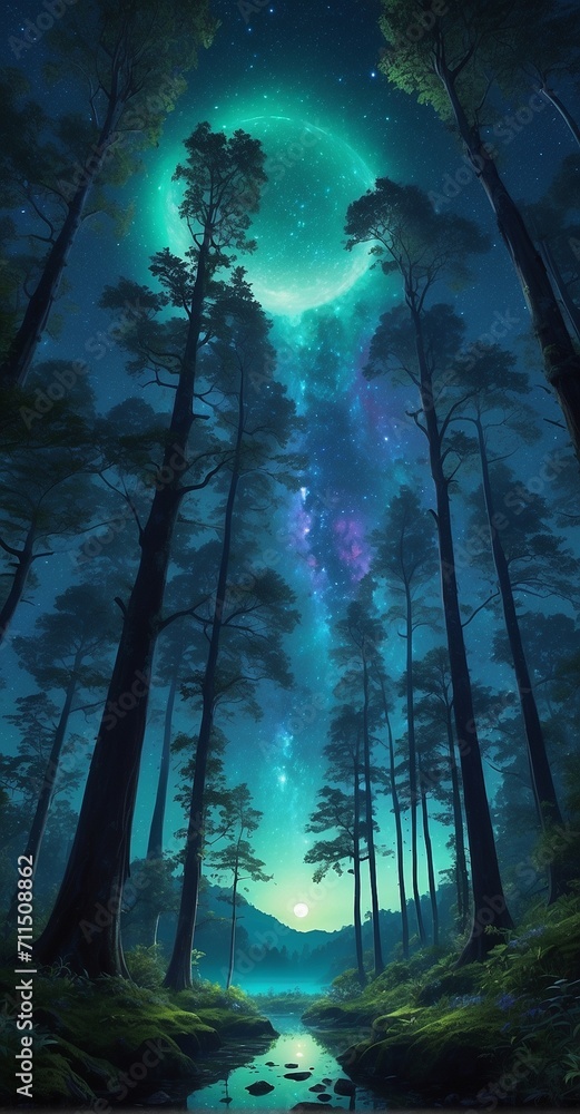 landscape with forest and moon, magical mysterious and intergalactic 