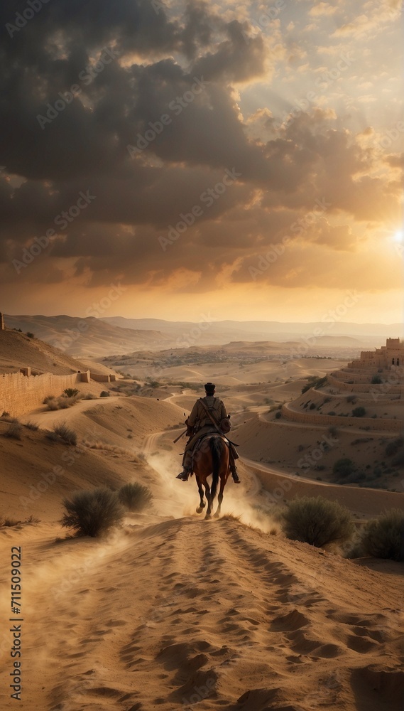 silhouette of a person riding a horse on the deserts of Middle East 