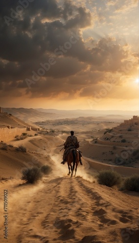 silhouette of a person riding a horse on the deserts of Middle East 