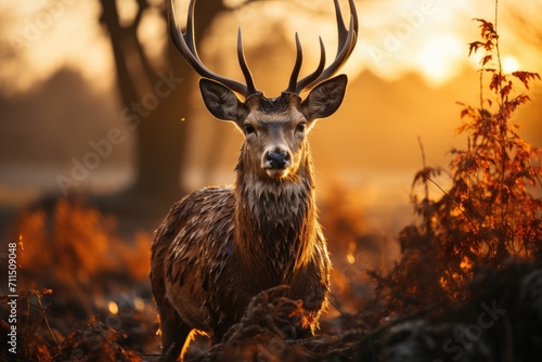 An elegant whitetail buck, adorned with majestic antlers, stands proudly in the serene outdoor field, embodying the wild beauty of nature © familymedia