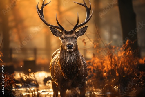 A majestic stag, with impressive antlers, stands gracefully in the water, embodying the untamed beauty of wildlife in its natural habitat © familymedia