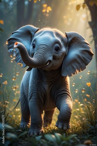 happy baby elephant roaming in the jungle 