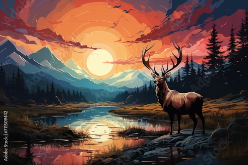 A majestic deer gracefully stands upon a rugged shore, silhouetted by the fiery hues of a vibrant sunset over the tranquil river and majestic mountains in the distance, captured in a stunning and tim
