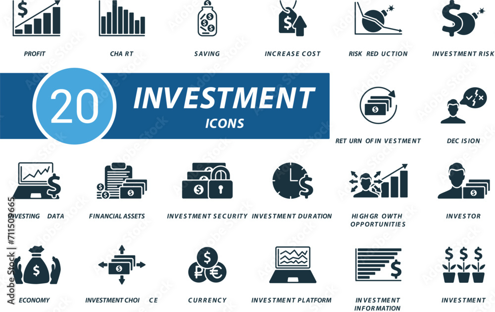 Investment icons set. Creative icons: profit, chart, saving, increase cost, risk reduction, investment risk, return of investment and more