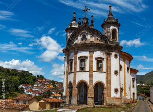 Facade of the church of Our Lady of the Rosary of Black Men in Ouro Prero, Minas Gerais, Brazil, South America © jeeweevh