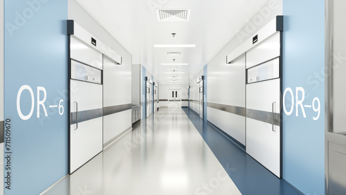 Esthetic and clean modern hospital surgery block corridor, private clinic or vet operating room with sliding doors.