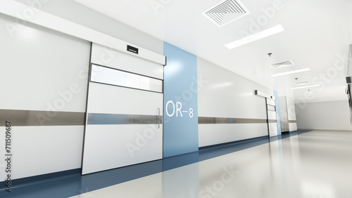 Esthetic and clean modern hospital surgery block corridor, private clinic or vet operating room with sliding doors.