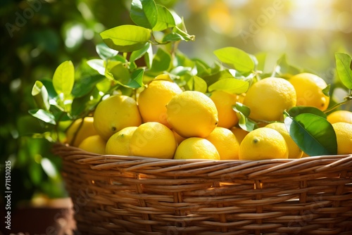 Organic ripe lemon crop in basket - fresh citrus harvest against sunny garden background