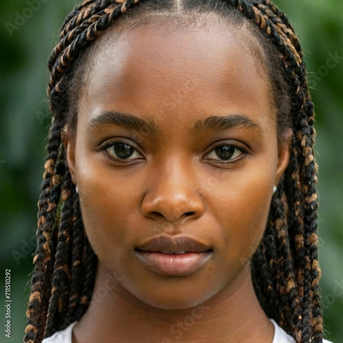 Extreme close up of young african-american woman with braided hair focus on plump natural ethnic lips and face