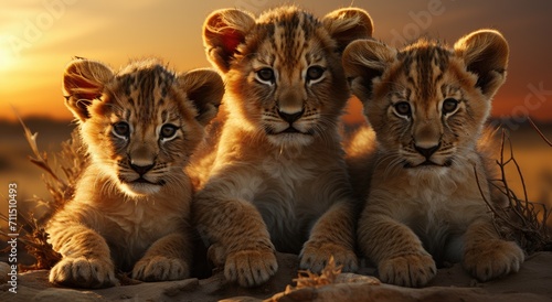A pride of playful cubs frolic under the golden sky  their fuzzy fur and fierce snouts capturing the essence of these majestic terrestrial creatures