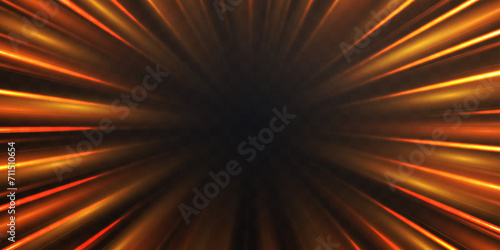Radial speed rays, light neon flow, zoom in motion effect, orange glow speed lines, colorful light trails, perspective stripes. Abstract background, vector illustration.