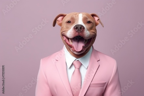 animal pet dog concept Anthromophic friendly American pit bull terrier dog wearing suite formal business suit pretending to work in coporate workplace studio shot on plain color wall