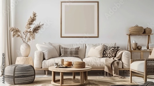 eco friendly home interior house beautiful design ideas concept clean warm space natural material soft touch and techture with decoration frame on beige wall mockup room interior background creation