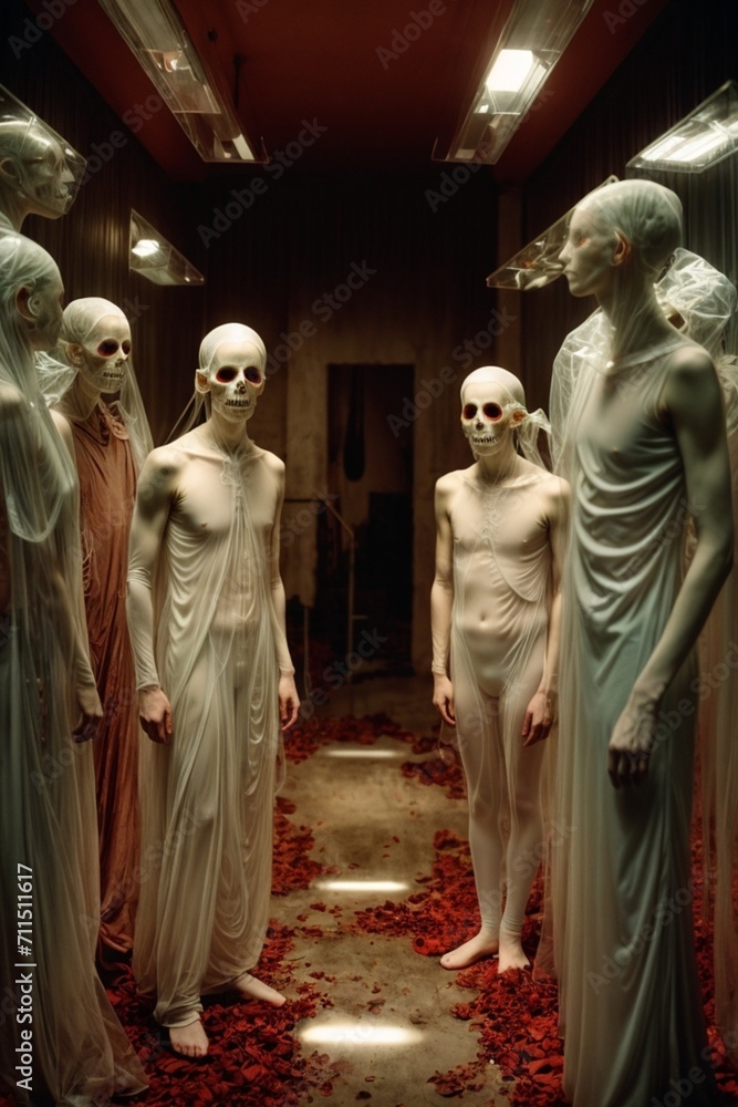 Naklejka premium a mysterious group of ghosts or hollow white figures standing in a room with red roses on the floor