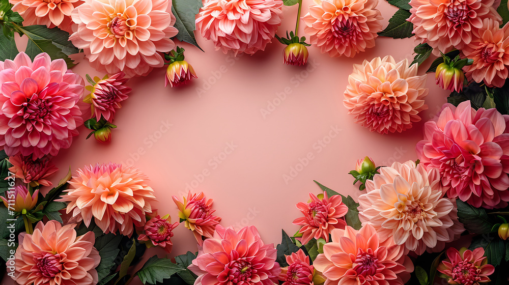 dahlias frame with an empty center for text space, arranged in a flat lay style, showcasing light orange-colored (peach fuzz) blooms. Perfect for ads and backdrops on a pastel background dahlias frame with an empty center for text space, arranged in a flat lay style, showcasing light orange-colored (peach fuzz) blooms. Perfect for ads and backdrops on a pastel background