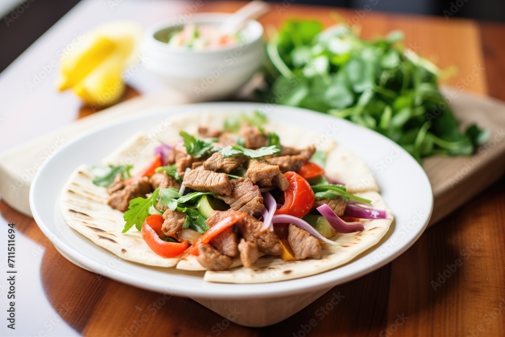 turkish kebab with flatbread and veggies turkish kebab with flatbread and veggies