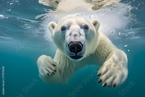 Tauchender Eisbär im arktischen Eis, Unterwasserfotografie, erstellt mit generativer KI photo
