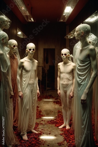 a mysterious group of ghosts or hollow white figures standing in a room with red roses on the floor