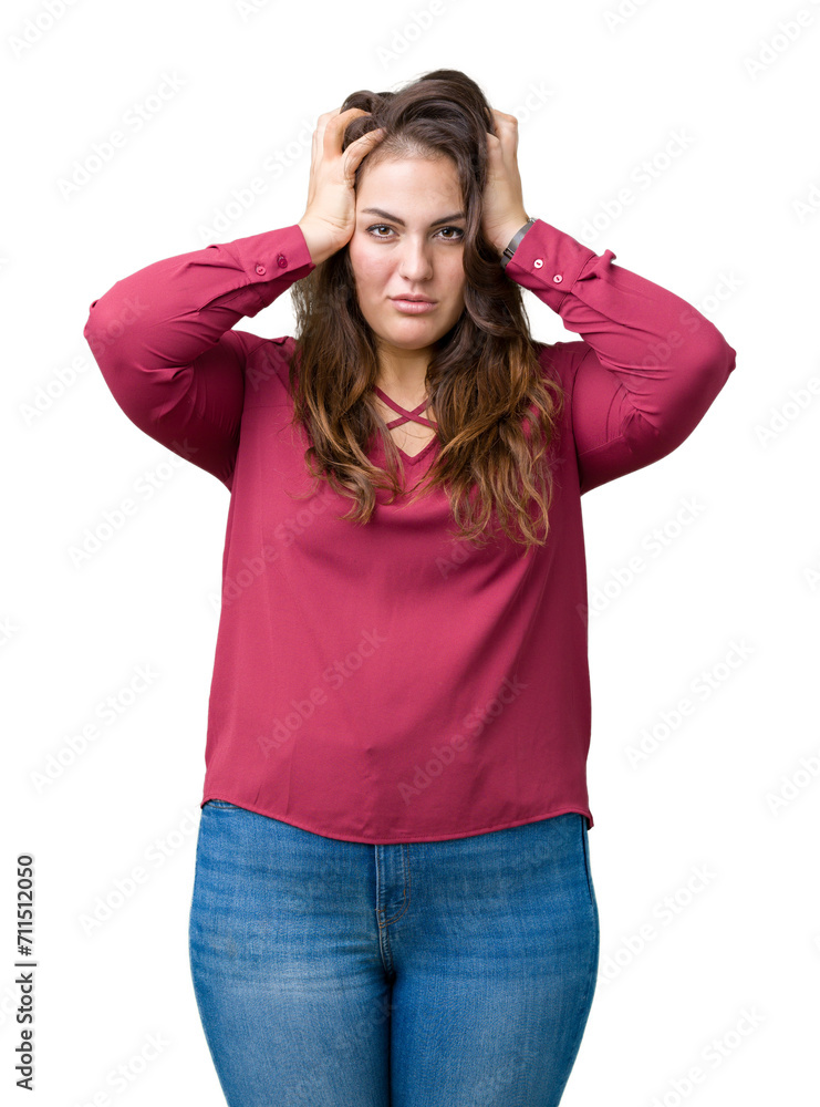 Beautiful plus size young woman over isolated background suffering from headache desperate and stressed because pain and migraine. Hands on head. Beautiful plus size young woman over isolated background suffering from headache desperate and stressed because pain and migraine. Hands on head.