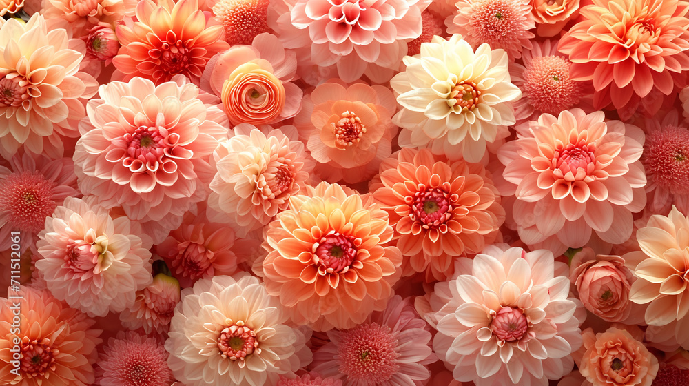 Gorgeous close-up of light orange peach fuzz-colored dahlias, showcasing a variety of sizes Gorgeous close-up of light orange peach fuzz-colored dahlias, showcasing a variety of sizes
